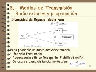3.- Medios de Transmisión
  Radio enlaces y propagación
Diversidad de Espacio: doble ruta




Poco probable un doble desvanecimiento
• Una sola frecuencia
• Redundancia sólo en Recepción: Fiabilidad en Rx.
• Se aconseja una distancia vertical de
                                                     93
 