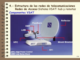 4.- Estructura de las redes de telecomunicaciones
    Redes de Acceso:Sistema VSAT: hub y remotas
Componentes VSAT




                                                    116
 