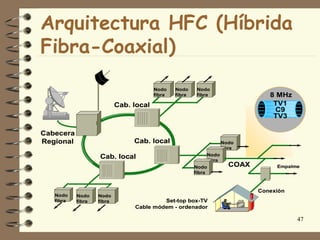 Arquitectura HFC (Híbrida
Fibra-Coaxial)
                                        Nodo    Nodo     Nodo
                                        fibra   fibra    fibra                  8 MHz
                           Cab. local                                            TV1
                                                                                  C9
                                                                                 TV3

Cabecera
Regional                        Cab. local                          Nodo
                                                                    fibra
                                                            Nodo
                   Cab. local                               fibra
                                                        Nodo          COAX        Empalme
                                                        fibra



                                                                             Conexión
   Nodo    Nodo    Nodo
   fibra   fibra   fibra                 Set-top box-TV
                                Cable módem - ordenador

                                                                                        47
 
