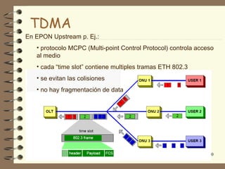 TDMA
En EPON Upstream p. Ej.:
   • protocolo MCPC (Multi-point Control Protocol) controla acceso
   al medio
   • cada “time slot” contiene multiples tramas ETH 802.3
   • se evitan las colisiones
   • no hay fragmentación de data




                                                                70
 