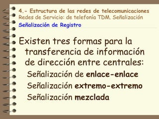 4.- Estructura de las redes de telecomunicaciones
Redes de Servicio: de telefonía TDM. Señalización
Señalización de Registro


Existen tres formas para la
 transferencia de información
 de dirección entre centrales:
   Señalización de enlace-enlace
   Señalización extremo-extremo
   Señalización mezclada
 
