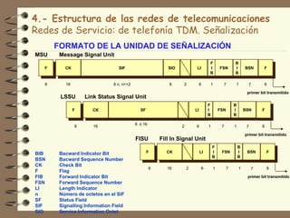 4.- Estructura de las redes de telecomunicaciones
Redes de Servicio: de telefonía TDM. Señalización
      FORMATO DE LA UNIDAD DE SEÑALIZACIÓN
MSU    Message Signal Unit
                                                                                  F                 B
  F      CK                     SIF                       SIO            LI       I       FSN       I       BSN       F
                                                                                  B                 B

  8      16                   8 n, n>=2                    8     2           6        1     7       1         7       8

                                                                                                             primer bit transmitido
       LSSU       Link Status Signal Unit
                                                                                  F                 B
              F      CK                     SF                          LI        I       FSN       I       BSN      F
                                                                                  B                 B

                                          8 ó 16
              8      16                                         2       6         1        7        1        7       8

                                                                                                            primer bit transmitido
                                          FISU         Fill In Signal Unit
                                                                                      F                 B
BIB    Bacward Indicator Bit                     F       CK                  LI       I    FSN          I    BSN         F
                                                                                      B                 B
BSN    Bacward Sequence Number
CK     Check Bit
                                                   8      16        2         6       1         7       1        7       8
F      Flag
FIB    Forward Indicator Bit                                                                                 primer bit transmitido
FSN    Forward Sequence Number
LI     Length Indicator
n      Número de octetos en el SIF
SF     Status Field
SIF    Signalling Information Field
SIO    Service Information Octet
 
