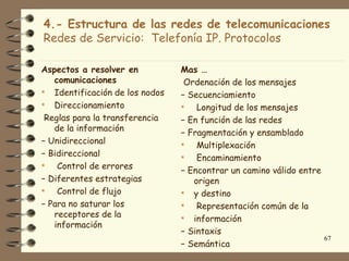 4.- Estructura de las redes de telecomunicaciones
Redes de Servicio: Telefonía IP. Protocolos

Aspectos a resolver en          Mas …
   comunicaciones                Ordenación de los mensajes
 Identificación de los nodos   − Secuenciamiento
 Direccionamiento                 Longitud de los mensajes
 Reglas para la transferencia   − En función de las redes
   de la información
                                − Fragmentación y ensamblado
− Unidireccional                   Multiplexación
− Bidireccional                    Encaminamiento
   Control de errores          − Encontrar un camino válido entre
− Diferentes estrategias           origen
   Control de flujo             y destino
− Para no saturar los              Representación común de la
   receptores de la              información
   información
                                − Sintaxis
                                                                     67
                                − Semántica
 