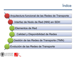 Índice
Arquitectura funcional de las Redes de Transporte
Interfaz de Nodo de Red (NNI) en SDH
Elementos de Red
Calidad y Disponibilidad de Redes
Gestión de las Redes de Transporte (TMN)
Evolución de las Redes de Transporte
 