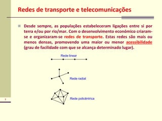 3
Redes de transporte e telecomunicações
 Desde sempre, as populações estabeleceram ligações entre si por
terra e/ou por rio/mar. Com o desenvolvimento económico criaram-
se e organizaram-se redes de transporte. Estas redes são mais ou
menos densas, promovendo uma maior ou menor acessibilidade
(grau de facilidade com que se alcança determinado lugar).
Rede linear
Rede radial
Rede policêntrica
 