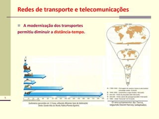 5
Redes de transporte e telecomunicações
 A modernização dos transportes
permitiu diminuir a distância-tempo.
 