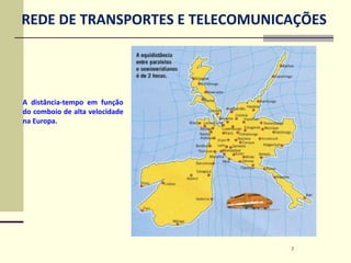 7
A distância-tempo em função
do comboio de alta velocidade
na Europa.
REDE DE TRANSPORTES E TELECOMUNICAÇÕES
 