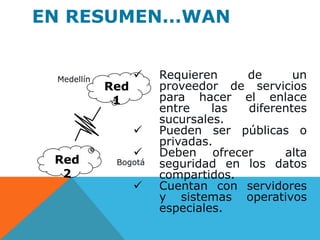  Requieren de un
proveedor de servicios
para hacer el enlace
entre las diferentes
sucursales.
 Pueden ser públicas o
privadas.
 Deben ofrecer alta
seguridad en los datos
compartidos.
 Cuentan con servidores
y sistemas operativos
especiales.
EN RESUMEN...WAN
Red
1
Red
2
Medellín
Bogotá
 