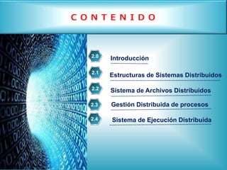 Estructuras de Sistemas Distribuidos
Sistema de Archivos Distribuidos
Gestión Distribuida de procesos
Sistema de Ejecución Distribuida
Introducción2.0
2.1
2.2
2.3
2.4
 
