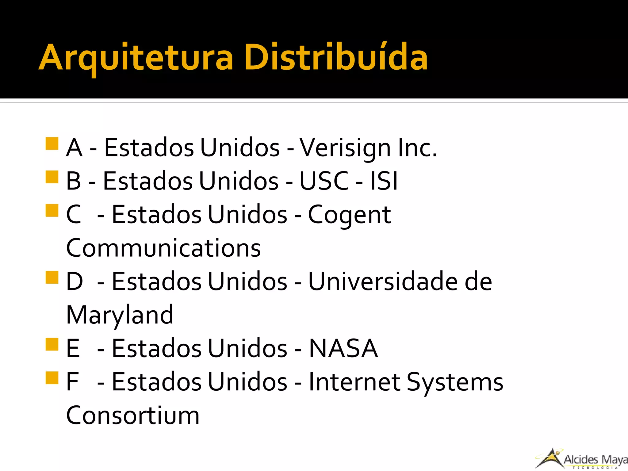Arquitetura Distribuída
 A - Estados Unidos -Verisign Inc.
 B - Estados Unidos - USC - ISI
 C - Estados Unidos - Cogent
Communications
 D - Estados Unidos - Universidade de
Maryland
 E - Estados Unidos - NASA
 F - Estados Unidos - Internet Systems
Consortium
 