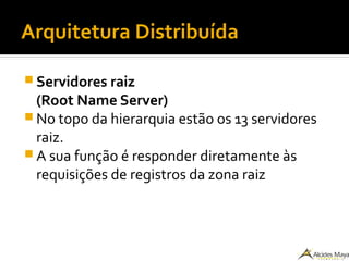 Arquitetura Distribuída
 Servidores raiz
(Root Name Server)
 No topo da hierarquia estão os 13 servidores
raiz.
 A sua função é responder diretamente às
requisições de registros da zona raiz
 