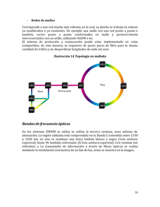 16
- Redes de mallas
Corresponde a una red mucho más robusta, en la cual, su diseño se trabaja en enlaces
ya establecidos o ya existentes. Un ejemplo una malla con una red punto a punto o
también, varios punto a punto conformados en malla y posteriormente
interconectados con un anillo, utilizando OADM o no.
El sistema de protección y restauración puede estar implementado en rutas
compartidas, de esta manera, se requieren de pocos pares de fibra para la misma
cantidad de tráfico y no desperdiciar longitudes de onda sin usar.
Ilustración 14 Topología en mallada
Bandas de frecuencia ópticas
En los sistemas DWDM se utiliza se utiliza la tercera ventana, zona mínima de
atenuación. La región utilizada está comprendida en la Banda C extendida entre 1530
y 1560 nm, en esta se sustituye una única lambda blanco y negro (1nm anchura
espectral), hasta 96 lambdas coloreadas (0.1nm anchura espectral). Con ventana nos
referimos a La transmisión de información a través de fibras ópticas se realiza
mediante la modulación (variación) de un haz de luz, como se muestra en la imagen.
 