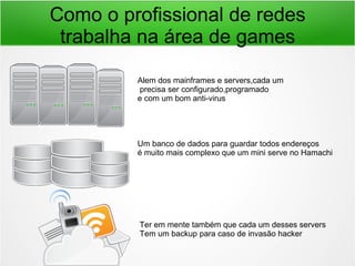 Como o profissional de redes
trabalha na área de games
Alem dos mainframes e servers,cada um
precisa ser configurado,programado
e com um bom anti-virus
Um banco de dados para guardar todos endereços
é muito mais complexo que um mini serve no Hamachi
Ter em mente também que cada um desses servers
Tem um backup para caso de invasão hacker
 