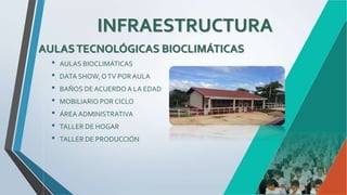 INFRAESTRUCTURA
AULASTECNOLÓGICAS BIOCLIMÁTICAS
• AULAS BIOCLIMÁTICAS
• DATA SHOW, OTV POR AULA
• BAÑOS DEACUERDOA LA EDAD
• MOBILIARIO POR CICLO
• ÁREA ADMINISTRATIVA
• TALLER DE HOGAR
• TALLER DE PRODUCCIÓN
 