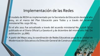 Implementación de las Redes
• El modelo de REDH es implementado por la Secretaría de Educación desde el año
2004, en el marco del Plan Educación para Todos y a través del acuerdo
ministerial No. 0250-SE-04.
• En el año 2011 fue actualizado a través del acuerdo ministerial No. 15678-SE-11
publicado en el Diario Oficial La Gaceta el 5 de diciembre del mismo año (No. De
publicación: 32,686).
• A partir del Mayo 2014 la coordinación de Redes Educativas pasa de la Unidad de
Modernización Educativa a la Dirección General de Construcciones Escolares
 