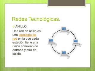 Redes Tecnológicas.
 ANILLO:
Una red en anillo es
una topología de
red en la que cada
estación tiene una
única conexión de
entrada y otra de
salida.
 