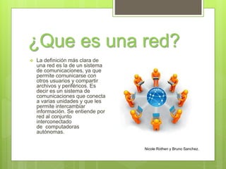 ¿Que es una red?
Nicole Rothen y Bruno Sanchez.
 La definición más clara de
una red es la de un sistema
de comunicaciones, ya que
permite comunicarse con
otros usuarios y compartir
archivos y periféricos. Es
decir es un sistema de
comunicaciones que conecta
a varias unidades y que les
permite intercambiar
información. Se entiende por
red al conjunto
interconectado
de computadoras
autónomas.
 