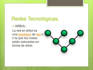 Redes Tecnológicas.
 ARBOL:
La red en árbol es
una topología de red e
n la que los nodos
están colocados en
forma de árbol.
 