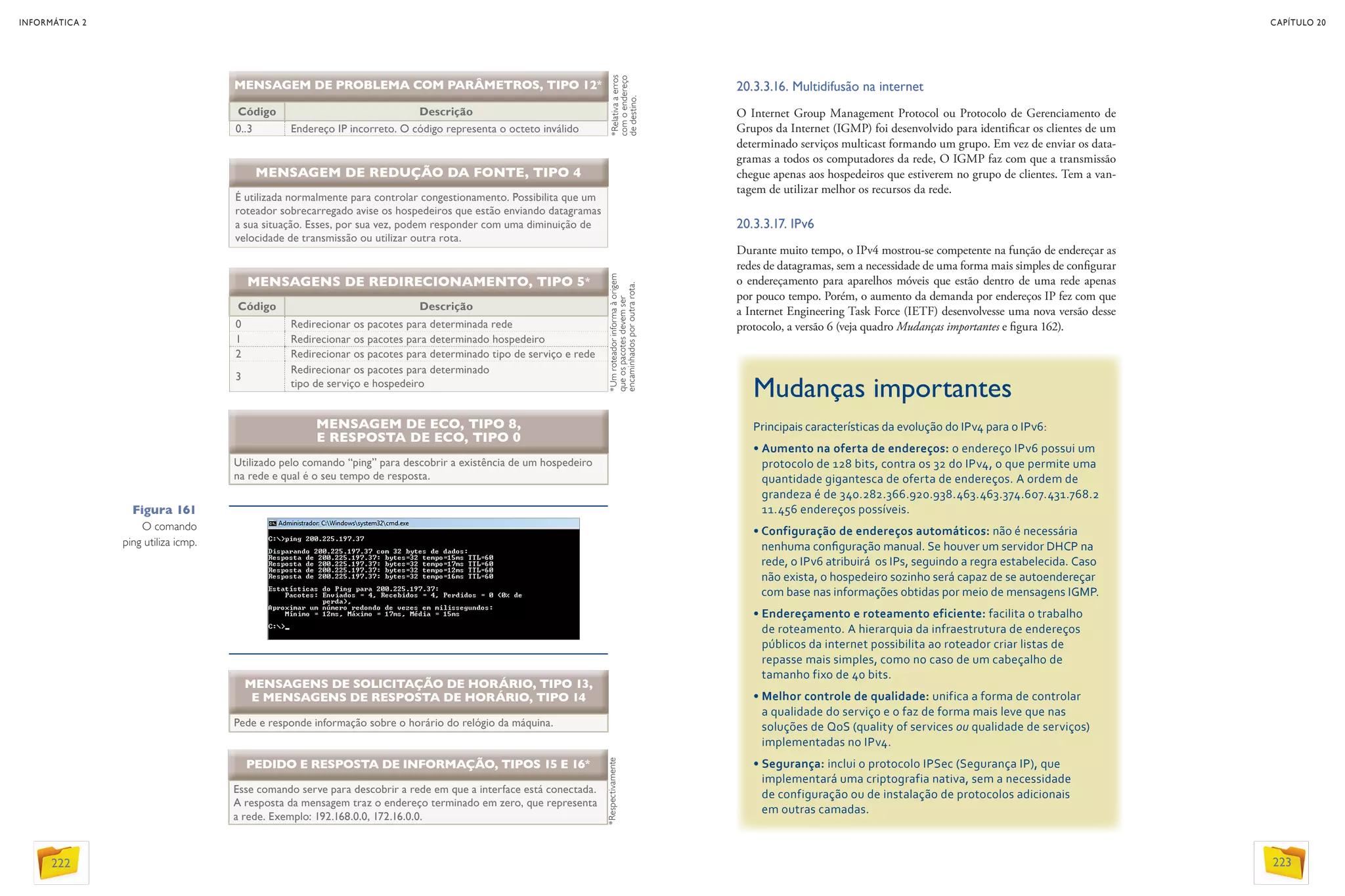 20.3.3.16. Multidifusão na internet
O Internet Group Management Protocol ou Protocolo de Gerenciamento de
Grupos da Internet (IGMP) foi desenvolvido para identificar os clientes de um
determinado serviços multicast formando um grupo. Em vez de enviar os data-
gramas a todos os computadores da rede, O IGMP faz com que a transmissão
chegue apenas aos hospedeiros que estiverem no grupo de clientes. Tem a van-
tagem de utilizar melhor os recursos da rede.
20.3.3.17. IPv6
Durante muito tempo, o IPv4 mostrou-se competente na função de endereçar as
redes de datagramas, sem a necessidade de uma forma mais simples de configurar
o endereçamento para aparelhos móveis que estão dentro de uma rede apenas
por pouco tempo. Porém, o aumento da demanda por endereços IP fez com que
a Internet Engineering Task Force (IETF) desenvolvesse uma nova versão desse
protocolo, a versão 6 (veja quadro Mudanças importantes e figura 162).
MENSAGEM DE PROBLEMA COM PARÂMETROS, TIPO 12*
Código Descrição
0..3 Endereço IP incorreto. O código representa o octeto inválido
*Relativaaerros
comoendereço
dedestino.
MENSAGEM DE REDUÇÃO DA FONTE, TIPO 4
É utilizada normalmente para controlar congestionamento. Possibilita que um
roteador sobrecarregado avise os hospedeiros que estão enviando datagramas
a sua situação. Esses, por sua vez, podem responder com uma diminuição de
velocidade de transmissão ou utilizar outra rota.
*Umroteadorinformaàorigem
queospacotesdevemser
encaminhadosporoutrarota.
*Respectivamente
Código Descrição
0 Redirecionar os pacotes para determinada rede
1 Redirecionar os pacotes para determinado hospedeiro
2 Redirecionar os pacotes para determinado tipo de serviço e rede
3
Redirecionar os pacotes para determinado
tipo de serviço e hospedeiro
MENSAGENS DE REDIRECIONAMENTO, TIPO 5*
Utilizado pelo comando “ping” para descobrir a existência de um hospedeiro
na rede e qual é o seu tempo de resposta.
MENSAGEM DE ECO, TIPO 8,
E RESPOSTA DE ECO, TIPO 0
Pede e responde informação sobre o horário do relógio da máquina.
MENSAGENS DE SOLICITAÇÃO DE HORÁRIO, TIPO 13,
E MENSAGENS DE RESPOSTA DE HORÁRIO, TIPO 14
Esse comando serve para descobrir a rede em que a interface está conectada.
A resposta da mensagem traz o endereço terminado em zero, que representa
a rede. Exemplo: 192.168.0.0, 172.16.0.0.
PEDIDO E RESPOSTA DE INFORMAÇÃO, TIPOS 15 E 16*
Figura 161
O comando
ping utiliza icmp.
Mudanças importantes
Principais características da evolução do IPv4 para o IPv6:
• Aumento na oferta de endereços: o endereço IPv6 possui um
protocolo de 128 bits, contra os 32 do IPv4, o que permite uma
quantidade gigantesca de oferta de endereços. A ordem de
grandeza é de 340.282.366.920.938.463.463.374.607.431.768.2
11.456 endereços possíveis.
• Configuração de endereços automáticos: não é necessária
nenhuma configuração manual. Se houver um servidor DHCP na
rede, o IPv6 atribuirá os IPs, seguindo a regra estabelecida. Caso
não exista, o hospedeiro sozinho será capaz de se autoendereçar
com base nas informações obtidas por meio de mensagens IGMP.
• Endereçamento e roteamento eficiente: facilita o trabalho
de roteamento. A hierarquia da infraestrutura de endereços
públicos da internet possibilita ao roteador criar listas de
repasse mais simples, como no caso de um cabeçalho de
tamanho fixo de 40 bits.
• Melhor controle de qualidade: unifica a forma de controlar
a qualidade do serviço e o faz de forma mais leve que nas
soluções de QoS (quality of services ou qualidade de serviços)
implementadas no IPv4.
• Segurança: inclui o protocolo IPSec (Segurança IP), que
implementará uma criptografia nativa, sem a necessidade
de configuração ou de instalação de protocolos adicionais
em outras camadas.
INFORMÁTICA 2
222
CAPÍTULO 20
223
 