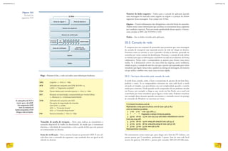 Flags – Possuem 6 bits, e cada um indica uma informação booleana:
Ponteiro de dados urgentes – Indica para a camada de aplicação quando
uma mensagem foi marcada como urgente na origem e a posição do último
segmento dessa mensagem. Esse campo tem 16 bits.
Opções – Trazem informações não obrigatórias e não têm limite de tamanho.
Podem então conter informações que auxiliam na transmissão desse segmento
por condições especiais. Para um estudo aprofundado dessas opções, é interes-
sante estudar as RFCs do TCP 854 e 1323.
Dados – São os dados enviados pela aplicação.
20.3. Camada de rede
É composta por um conjunto de protocolos que permitem que uma mensagem
da camada de transporte seja repassada através da rede até chegar ao destino.
Funciona como os correios: a carta é postada e levada ao destino, passando no
caminho por várias centrais de distribuição. Portanto, a camada de rede define
os trâmites para que as informações caminhem na rede até seu destino, de forma
colaborativa. Várias redes e computadores se juntam para formar uma única
malha. Se o destinatário estiver em outra filial da empresa, outra residência,
cidade ou país, a camada de rede faz com que o pacote seja repassado para vários
roteadores que ligam várias redes e ajudam na entrega da mensagem, de maneira
tal que utilize a melhor rota, mais curta ou mais rápida.
20.3.1. Serviços oferecidos pela camada de rede
A tarefa dessa camada, então, é fazer a transmissão de pacotes de um host (hos-
pedeiro) a outro. Se os computadores estiverem em uma rede local, a tarefa
até pode ser simples, mas percebemos sua real complexidade quando o cenário
muda para a internet. Desde quando sai do computador de um professor situado
em Franca, por exemplo, e chega a uma escola em São Paulo, um e-mail terá
caminhado por vários roteadores que se ligam a várias redes. Podemos visualizar
um exemplo dessa situação quando executamos o comando tracert no prompt
de comando do Windows ou tracerout no Linux.
O cabeçalho doTCP é
maior que o do UDP.
Um segmento UDP
tem no máximo 8
bytes enquanto oTCP
chega a até 20 bytes.
Figura 143
Formato do
segmento TCP.
URG Urgente : 1 – Sim / 0 – Não
ACK Utilizado em conjunto com SYN. Se SYN = 0,
e ACK = 1 “segmento recebido”
PSH Passar dados para camada superior: 1 –Sim / 0 – Não.
RST Ressetar a transmissão, comprometida por muitas falhas:
1 – Reiniciar / 0 – Continuar transmitindo
SYN Utilizado em conjunto com ACK.
Faz parte da negociação da conexão:
Com SYN = 1, então
ACK = 1 “Conexão Aceita”
ACK = 0 “Conexão Requisitada”
FIN Encerra conexão: 1 – Sim / 0 – Não
Tamanho de janela de recepção – Serve para indicar ao transmissor o
tamanho disponível de buffer no destinatário, de modo que o transmissor
diminua a velocidade de transmissão e evite a perda de bits que não possam
ser armazenados no destino.
Soma de verificação – Tem a mesma função no protocolo UDP. É um cál-
culo feito com o conteúdo do segmento, cujo resultado deve ser igual ao do
cálculo no destino.
No rastreamento acima vemos que, para chegar até o host da TV Cultura, um
pacote passou por 5 roteadores, perfazendo 5 passos. Saiu de uma rede local
através do gateway 192.168.1.1, passou pelo roteador 200-225-219-206.static.
C:tracert tvcultura.com.br
Rastreando a rota para tvcultura.com.br [200.136.27.81]
com no máximo 30 saltos:
1 2 ms 1 ms 1 ms 192.168.1.1
2 * * * Esgotado o tempo limite do pedido.
3 39 ms 16 ms 14 ms 200-225-219-206.static.ctbctelecom.com.br
[200.225.219.206]
4 37 ms 28 ms 29 ms ansp.ptt.ansp.br [200.136.34.1]
5 37 ms 23 ms 38 ms unip.ptta.ansp.br [200.136.37.16]
6 37 ms 37 ms 43 ms 200.136.27.81
Rastreamento concluído.
INFORMÁTICA 2
202
CAPÍTULO 20
203
 