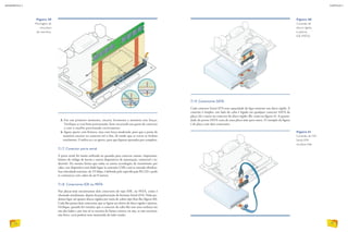 7.1.9. Conectores SATA
Cada conector Serial ATA tem capacidade de ligar somente um disco rígido. A
conexão é simples: um lado do cabo é ligado em qualquer conector SATA da
placa (A) e outro no conector do disco rígido (B), como na figura 41. A quanti-
dade de portas SATA varia de uma placa-mãe para outra. O exemplo da figura
é de placa com dois conectores.
Figura 39
Montagem de
uma placa
de memória.
3. Em um primeiro momento, encaixe levemente a memória sem forçar.
Verifique se está bem posicionada, bem encaixada nas guias do conector
e com o entalhe posicionado corretamente.
4.Agora aperte com firmeza, mas com força moderada, para que o pente de
memória encaixe no conector até o fim, de modo que as travas se fechem
totalmente. Confira-as e as aperte, para que fiquem ajustadas por completo.
7.1.7. Conector porta serial
A porta serial foi muito utilizada no passado para conectar mouse, impressora,
leitores de código de barras e outros dispositivos de automação, comercial e in-
dustrial. Da mesma forma que todas as outras tecnologias de transmissão por
cabo, esse dispositivo tem dado lugar às conexões USB e está se tornado obsoleto.
Sua velocidade máxima, de 115 kbps, é definida pela especificação RS-232 e pode
se comunicar com cabos de até 8 metros.
7.1.8. Conectores IDE ou PATA
Nas placas-mãe encontramos dois conectores do tipo IDE, ou PATA, como é
chamado atualmente, depois da popularização do formato Serial ATA. Neles po-
demos ligar até quatro discos rígidos por meio de cabos tipo fitas flat (figura 40).
Cada flat possui dois conectores que se ligam aos drives de disco rígido e ópticos.
Verifique, quando for instalar, que o conector do cabo flat tem uma ranhura em
um dos lados e por isso só se encaixa da forma correta; ou seja, se não encaixar,
não force, você poderá estar montando do lado errado.
Figura 40
Conexão de
discos rígidos
e ópticos
IDE (PATA).
Figura 41
Conexão do HD
Serial ATA
na placa-mãe.
A
B
72
INFORMÁTICA 2
73
CAPÍTULO 7
 