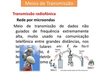 Transmissão radiofónica
Rede por microondas
Meio de transmissão de dados não
guiados de frequência extremamente
alta, muito usado na comunicação
telefônica entre grandes distâncias, nos
telefones celulares, etc. É de fácil
implementação, é muito suscetível a
fenômenos eletrônicos, magnéticos e
atmosférico, como por exemplo a chuva.
Meios de Transmissão
 