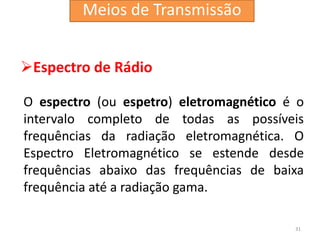 Espectro de Rádio
31
O espectro (ou espetro) eletromagnético é o
intervalo completo de todas as possíveis
frequências da radiação eletromagnética. O
Espectro Eletromagnético se estende desde
frequências abaixo das frequências de baixa
frequência até a radiação gama.
Meios de Transmissão
 