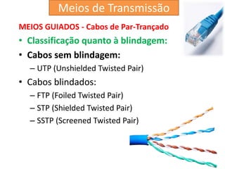 MEIOS GUIADOS - Cabos de Par-Trançado
• Classificação quanto à blindagem:
• Cabos sem blindagem:
– UTP (Unshielded Twisted Pair)
• Cabos blindados:
– FTP (Foiled Twisted Pair)
– STP (Shielded Twisted Pair)
– SSTP (Screened Twisted Pair)
Meios de Transmissão
 