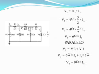 V3 = R 3 × I 3

                 3
  V3 = 4     ×            I6
                 2
                 3
  V3 = 4     ×            I6
                 2
    V3 = 6           I6

    PARALELO
   V2 = V 3 + V 4

V2 = 6      I6 + I6 3

     V2 = 9               I6
 