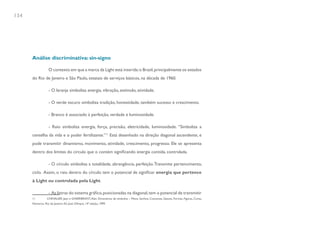 134




      Análise discriminativa: sin-signo

                   O contexto em que a marca da Light está inserida: o Brasil, principalmente os estados
      do Rio de Janeiro e São Paulo, estatais de serviços básicos, na década de 1960.

                   - O laranja simboliza energia, vibração, estímulo, atividade.

                   - O verde escuro simboliza tradição, honestidade, também sucesso e crescimento.

                   - Branco é associado à perfeição, verdade e luminosidade.

                   - Raio simboliza energia, força, precisão, eletricidade, luminosidade. “Simboliza a
      centelha da vida e o poder fertilizante.”11 Está desenhado na direção diagonal ascendente, e
      pode transmitir dinamismo, movimento, atividade, crescimento, progresso. Ele se apresenta
      dentro dos limites do círculo que o contém significando energia contida, controlada.

                   - O círculo simboliza a totalidade, abrangência, perfeição. Transmite pertencimento,
      ciclo. Assim, o raio dentro do círculo tem o potencial de significar energia que pertence
      à Light ou controlada pela Light.

                   - As listras do sistema gráfico, posicionadas na diagonal, tem o potencial de transmitir
      11         CHEVALIER, Jean e GHEERBRANT, Alan. Dicionários de símbolos – Mitos, Sonhos, Costumes, Gestos, Formas, Figuras, Cores,
      Números. Rio de Janeiro: Ed. José Olimpio, 14ª edição, 1999.
 