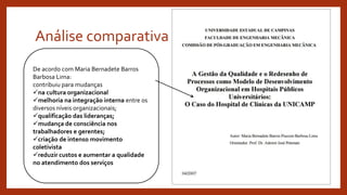 Análise comparativa
De acordo com Maria Bernadete Barros
Barbosa Lima:
contribuiu para mudanças
na cultura organizacional
melhoria na integração interna entre os
diversos níveis organizacionais;
qualificação das lideranças;
mudança de consciência nos
trabalhadores e gerentes;
criação de intenso movimento
coletivista
reduzir custos e aumentar a qualidade
no atendimento dos serviços
 
