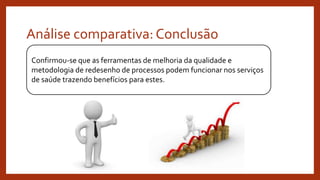 Análise comparativa: Conclusão
Confirmou-se que as ferramentas de melhoria da qualidade e
metodologia de redesenho de processos podem funcionar nos serviços
de saúde trazendo benefícios para estes.
 