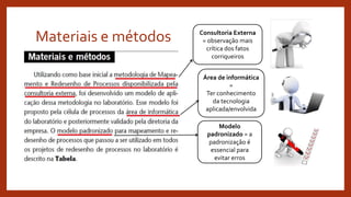 Materiais e métodos Consultoria Externa
= observação mais
crítica dos fatos
corriqueiros
Área de informática
=
Ter conhecimento
da tecnologia
aplicada/envolvida
Modelo
padronizado = a
padronização é
essencial para
evitar erros
 