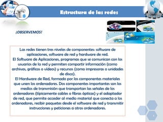 Estructura de las redes

¡OBSERVEMOS!

Las redes tienen tres niveles de componentes: software de
aplicaciones, software de red y hardware de red.
El Software de Aplicaciones, programas que se comunican con los
usuarios de la red y permiten compartir información (como
archivos, gráficos o vídeos) y recursos (como impresoras o unidades
de disco).
El Hardware de Red, formado por los componentes materiales
que unen los ordenadores. Dos componentes importantes son los
medios de transmisión que transportan las señales de los
ordenadores (típicamente cables o fibras ópticas) y el adaptador
de red, que permite acceder al medio material que conecta a los
ordenadores, recibir paquetes desde el software de red y transmitir
instrucciones y peticiones a otros ordenadores.
6

 
