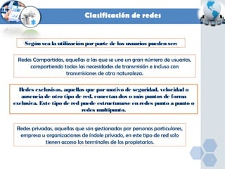 Clasificación de redes

Según sea la utilización por parte de los usuarios pueden ser:
Redes Compartidas, aquellas a las que se une un gran número de usuarios,
compartiendo todas las necesidades de transmisión e incluso con
transmisiones de otra naturaleza.
Redes exclusivas, aquellas que por motivo de seguridad, velocidad o
ausencia de otro tipo de red, conectan dos o más puntos de forma
exclusiva. Este tipo de red puede estructurarse en redes punto a punto o
redes multipunto.
Redes privadas, aquellas que son gestionadas por personas particulares,
empresa u organizaciones de índole privado, en este tipo de red solo
tienen acceso los terminales de los propietarios.
7

 