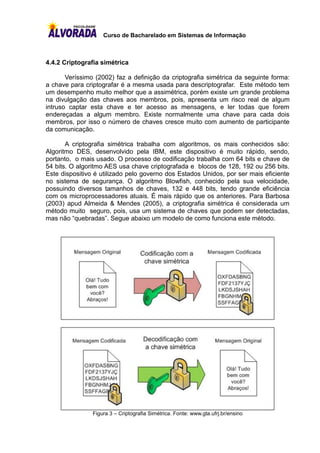 Curso de Bacharelado em Sistemas de Informação



4.4.2 Criptografia simétrica

       Veríssimo (2002) faz a definição da criptografia simétrica da seguinte forma:
a chave para criptografar é a mesma usada para descriptografar. Este método tem
um desempenho muito melhor que a assimétrica, porém existe um grande problema
na divulgação das chaves aos membros, pois, apresenta um risco real de algum
intruso captar esta chave e ter acesso as mensagens, e ler todas que forem
endereçadas a algum membro. Existe normalmente uma chave para cada dois
membros, por isso o número de chaves cresce muito com aumento de participante
da comunicação.

       A criptografia simétrica trabalha com algoritmos, os mais conhecidos são:
Algoritmo DES, desenvolvido pela IBM, este dispositivo é muito rápido, sendo,
portanto, o mais usado. O processo de codificação trabalha com 64 bits e chave de
54 bits. O algoritmo AES usa chave criptografada e blocos de 128, 192 ou 256 bits.
Este dispositivo é utilizado pelo governo dos Estados Unidos, por ser mais eficiente
no sistema de segurança. O algoritmo Blowfish, conhecido pela sua velocidade,
possuindo diversos tamanhos de chaves, 132 e 448 bits, tendo grande eficiência
com os microprocessadores atuais. É mais rápido que os anteriores. Para Barbosa
(2003) apud Almeida & Mendes (2005), a criptografia simétrica é considerada um
método muito seguro, pois, usa um sistema de chaves que podem ser detectadas,
mas não “quebradas”. Segue abaixo um modelo de como funciona este método.




                Figura 3 – Criptografia Simétrica. Fonte: www.gta.ufrj.br/ensino
 
