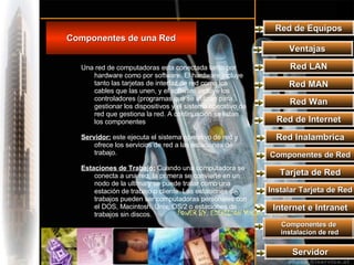 Red de Equipos Componentes de una Red Una red de computadoras esta conectada tanto por hardware como por software. El hardware incluye tanto las tarjetas de interfaz de red como los cables que las unen, y el software incluye los controladores (programas que se utilizan para gestionar los dispositivos y el sistema operativo de red que gestiona la red. A continuación se listan los componentes Servidor:  este ejecuta el sistema operativo de red y ofrece los servicios de red a las estaciones de trabajo. Estaciones de Trabajo:  Cuando una computadora se conecta a una red, la primera se convierte en un nodo de la ultima y se puede tratar como una estación de trabajo o cliente. Las estaciones de trabajos pueden ser computadoras personales con el DOS, Macintosh, Unix, OS/2 o estaciones de trabajos sin discos.  Ventajas Red LAN Red MAN Red Wan Red de Internet Red Inalambrica Componentes de Red Tarjeta de Red Instalar Tarjeta de Red Internet e Intranet Componentes de instalacion de red Servidor 