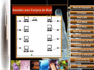 Red de Equipos Instalar una Tarjeta de Red Ventajas Red LAN Red MAN Red Wan Red de Internet Red Inalambrica Componentes de Red Tarjeta de Red Instalar Tarjeta de Red Internet e Intranet Componentes de instalacion de red Servidor 