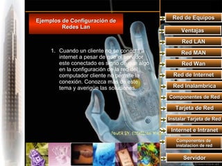 Red de Equipos Ejemplos de Configuración de Redes Lan Cuando un cliente no se conecta a internet a pesar de que el servidor este conectado es signo de que algo en la configuración de la red del computador cliente no permite la conexión. Conozca más de este tema y averigüe las soluciones. Ventajas Red LAN Red MAN Red Wan Red de Internet Red Inalambrica Componentes de Red Tarjeta de Red Instalar Tarjeta de Red Internet e Intranet Componentes de instalacion de red Servidor 