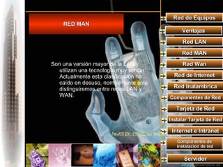 Red de Equipos RED MAN Son una versión mayor de la LAN y utilizan una tecnología muy similar.  Actualmente esta clasificación ha caído en desuso, normalmente sólo distinguiremos entre redes LAN y WAN. Ventajas Red LAN Red MAN Red Wan Red de Internet Red Inalambrica Componentes de Red Tarjeta de Red Instalar Tarjeta de Red Internet e Intranet Componentes de instalacion de red Servidor 