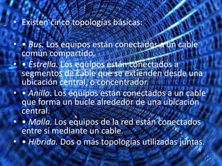 • Existen cinco topologías básicas:

• • Bus. Los equipos están conectados a un cable
  común compartido.
• • Estrella. Los equipos están conectados a
  segmentos de cable que se extienden desde una
  ubicación central, o concentrador.
• • Anillo. Los equipos están conectados a un cable
  que forma un bucle alrededor de una ubicación
  central.
• • Malla. Los equipos de la red están conectados
  entre sí mediante un cable.
• • Híbrida. Dos o más topologías utilizadas juntas.
 