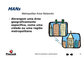 Redes de computadores - aspectos básicos 11
MANs
 Abrangem uma área
geograficamente
específica, como uma
cidade ou uma região
metropolitana
Metropolitan Area Networks
 