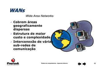 Redes de computadores - aspectos básicos 12
WANs
 Cobrem áreas
geograficamente
dispersas
 Estrutura de maior
custo e complexidade
 Interconexão de várias
sub-redes de
comunicação
Wide Area Networks
 