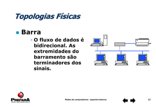 Redes de computadores - aspectos básicos 17
Topologias Físicas
 Barra
• O fluxo de dados é
bidirecional. As
extremidades do
barramento são
terminadores dos
sinais.
 