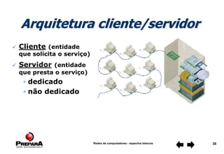 Redes de computadores - aspectos básicos 38
 Cliente (entidade
que solicita o serviço)
 Servidor (entidade
que presta o serviço)
• dedicado
• não dedicado
Arquitetura cliente/servidor
 