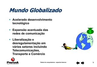 Redes de computadores - aspectos básicos 5
Mundo Globalizado
 Acelerado desenvolvimento
tecnológico
 Expansão acentuada das
redes de comunicação
 Liberalização e
desregulamentação em
vários setores incluindo
Telecomunicações,
Transporte e Comércio
 