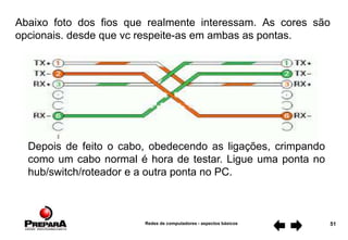 Redes de computadores - aspectos básicos 51
Abaixo foto dos fios que realmente interessam. As cores são
opcionais. desde que vc respeite-as em ambas as pontas.
Depois de feito o cabo, obedecendo as ligações, crimpando
como um cabo normal é hora de testar. Ligue uma ponta no
hub/switch/roteador e a outra ponta no PC.
 