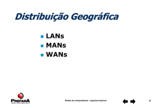 Redes de computadores - aspectos básicos 9
Distribuição Geográfica
 LANs
 MANs
 WANs
 