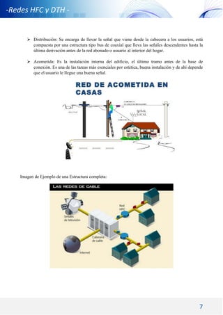 7
-Redes HFC y DTH -
 Distribución: Se encarga de llevar la señal que viene desde la cabecera a los usuarios, está
compuesta por una estructura tipo bus de coaxial que lleva las señales descendentes hasta la
última derivación antes de la red abonado o usuario al interior del hogar.
 Acometida: Es la instalación interna del edificio, el último tramo antes de la base de
conexión. Es una de las tareas más esenciales por estética, buena instalación y de ahí depende
que el usuario le llegue una buena señal.
Imagen de Ejemplo de una Estructura completa:
 