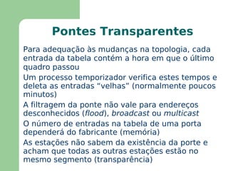 Pontes É um equipamento que pode trabalhar no nível de camada de enlace do modelo OSI 